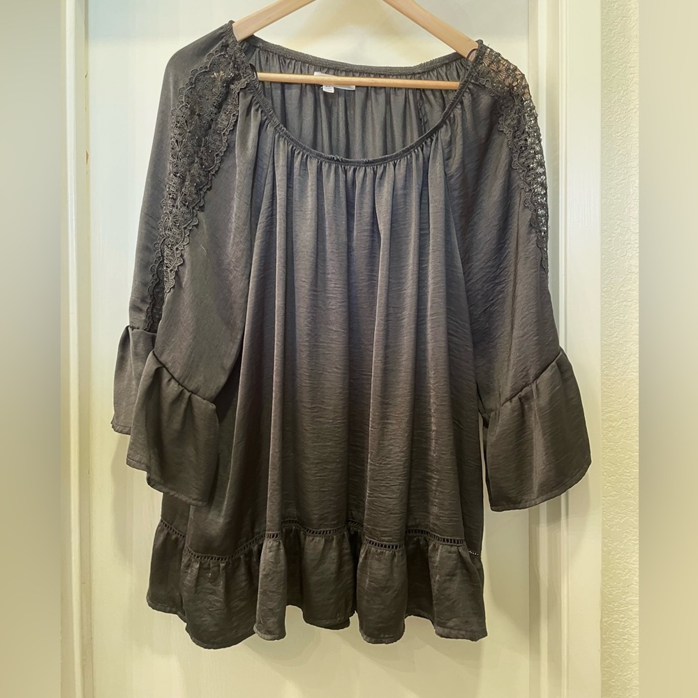 Fever, Black Satin Peplum Top with Lace Insets 3X
